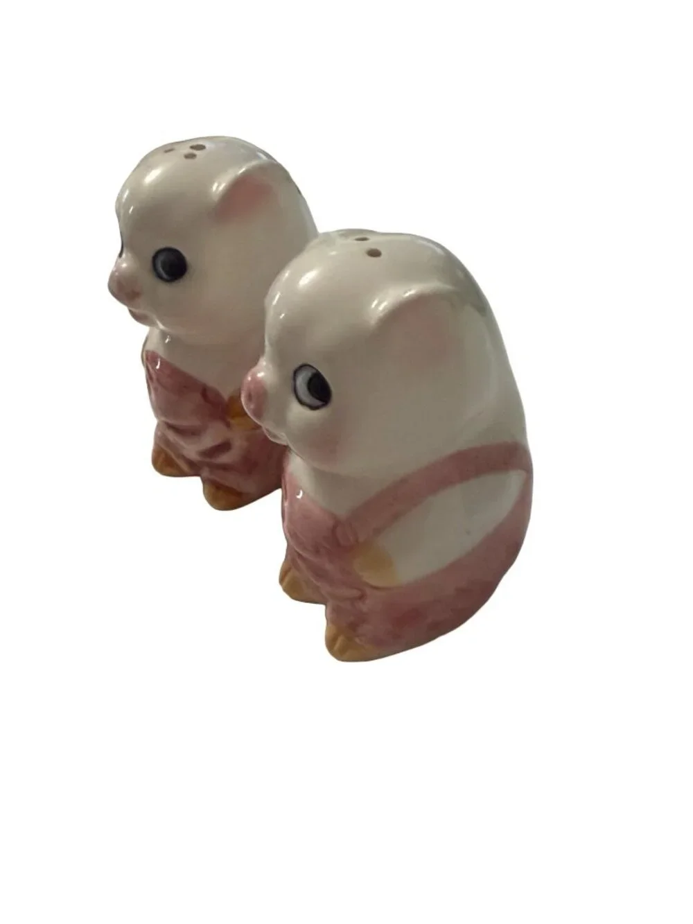 Vintage Ceramic Pig Salt & Pepper Shakers Pink Overalls Big Eyes Pair
